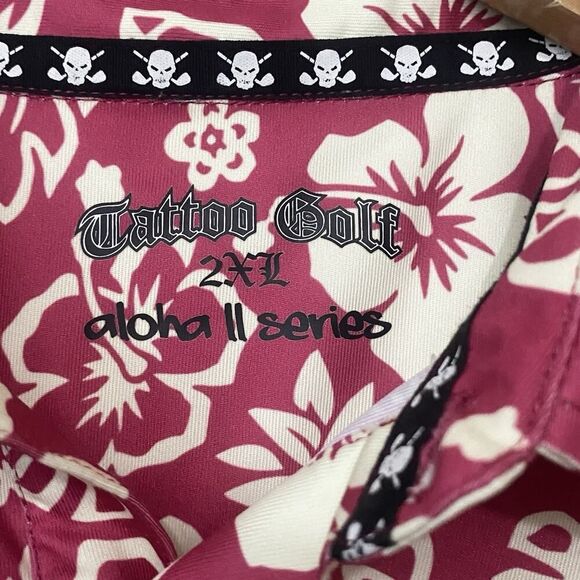 Tattoo Golf Mens 2XL Aloha ProCool Polo Shirt Floral Skull Burgundy/Pink Cream - Picture 10 of 12